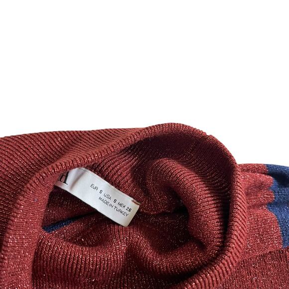 Zara Red Navy Striped Metallic Knit High Mock Neck Short Sleeve Sweater Size S - Picture 4 of 8